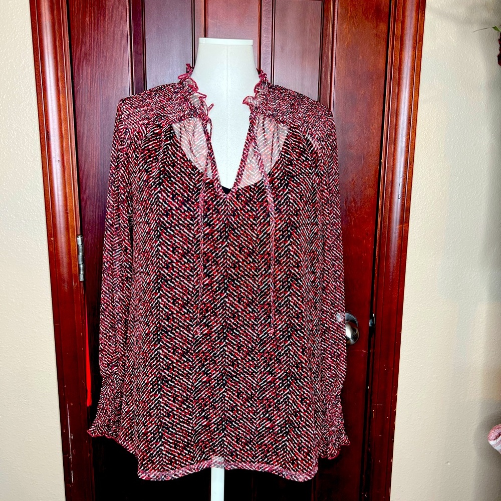 Chicos sheer chevron ruffle neck blouse
